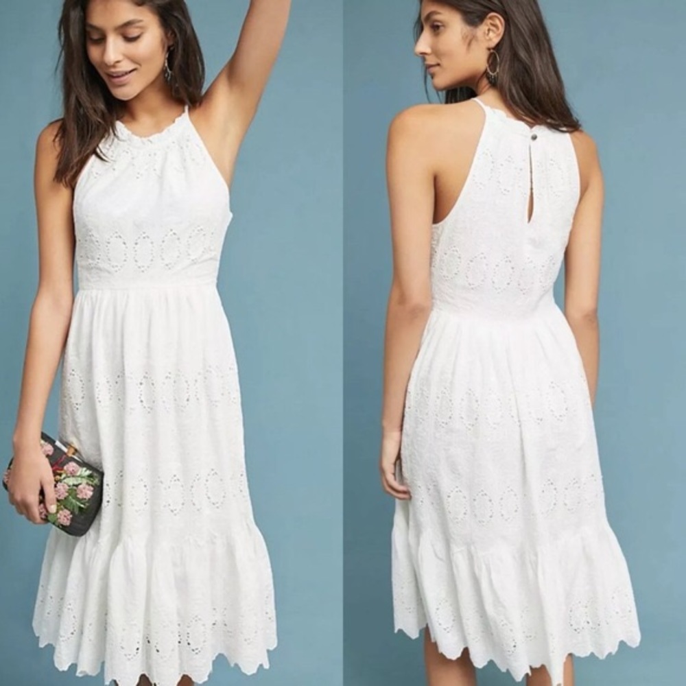 NEW Anthropology White Tiered Eyelet Midi Dress